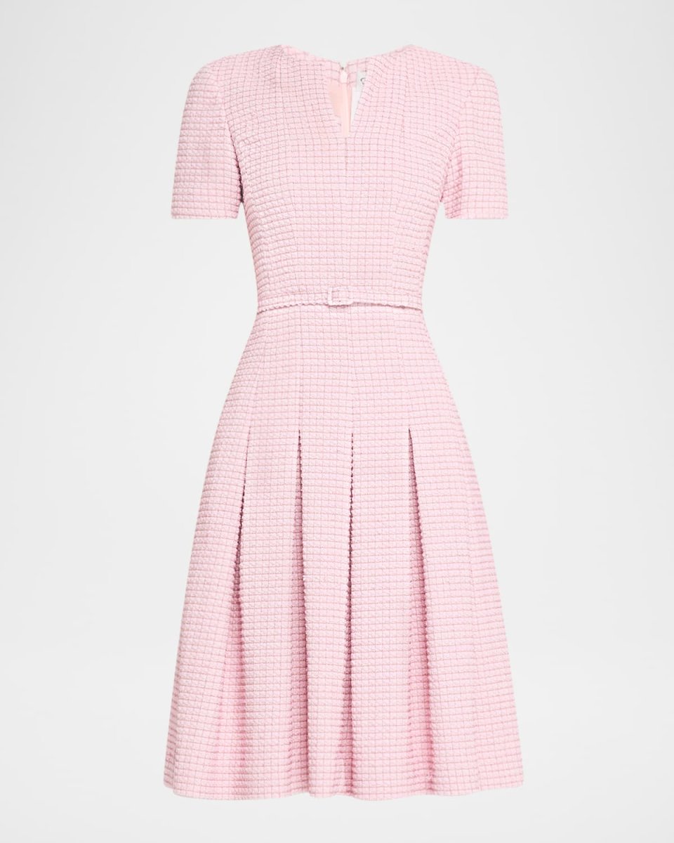 Short-Sleeve Metallic Check Tweed Flare Dress With Belt